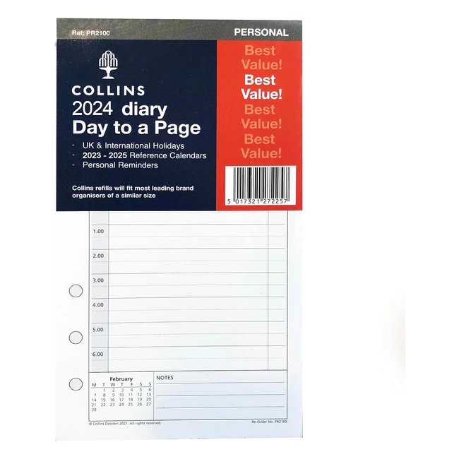 Collins 2024 Dayplanner Organiser Diary Refill Pad - Personal, Day a Page with Appointments