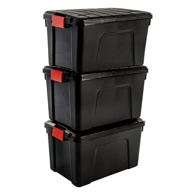 Iris Ohyama Large Storage Boxes with Lids - Garage Storage Boxes Closing Clips - 60L (3 Pack) - BPA Free