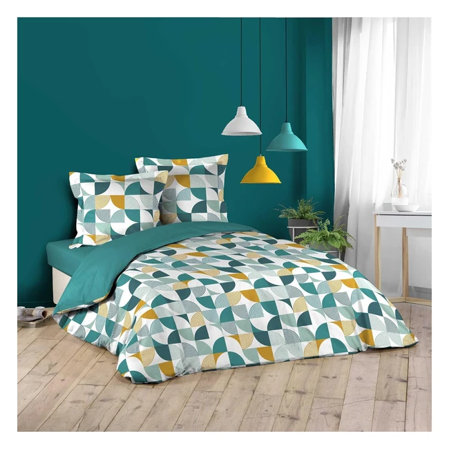 Parure 3 pices 240x220cm 100 coton Rythmo Bleu