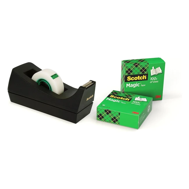 Dévidoir Scotch et Magic Tape - 3 rouleaux de ruban adhésif - Taille 19 mm x 33 mm - Couleur noir - Idéal pour bureau et maison