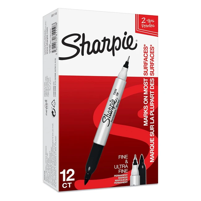 Sharpie Twin Tip Permanent Markers - Fine  Ultrafine Points - Black - 12 Count