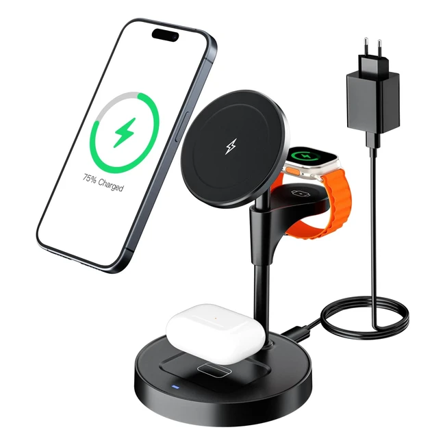 Station de charge Magsafe pour Apple - Chargeur induction iPhone 3 en 1 - Compatible avec iPhone 15 14 13 12 Pro Max - Chargeur sans fil pour Apple Watch/AirPods