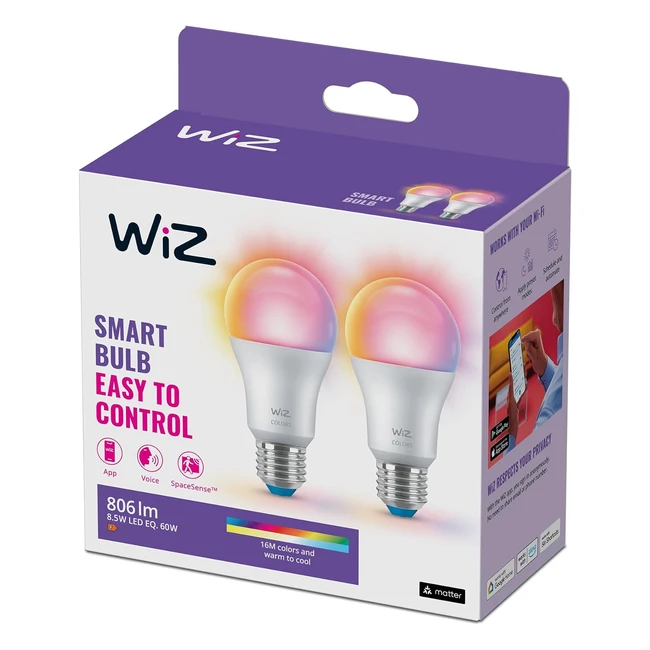 Wiz A60 E27 Colour Smart Light Bulb 2-Pack - Easy Setup, Motion Sensor, Customizable Scenes
