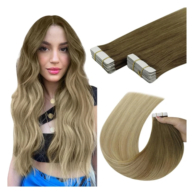 Extension Adhesive Cheveux Naturel Marron 16 Pouces - Bande Adhesive Invisible - Ombre Brun avec Blond Balayage - 20pcs 50g