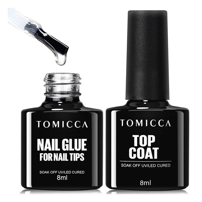 Tomicca Top Coat et Colle Ongle 8 en 1 - Gel Semi-Permanent, Longue Durée - Kit Manucure UV LED - 8ml (2pcs)