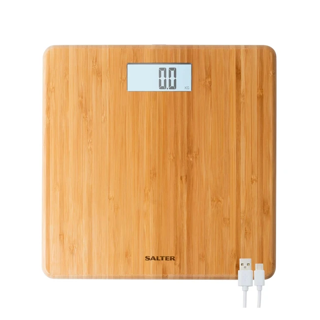 Salter 9294 WD3REU16 Eco Bamboo Bathroom Scale - Easy Read Backlit Display - USB Charging Cable - 150 kg Max Capacity
