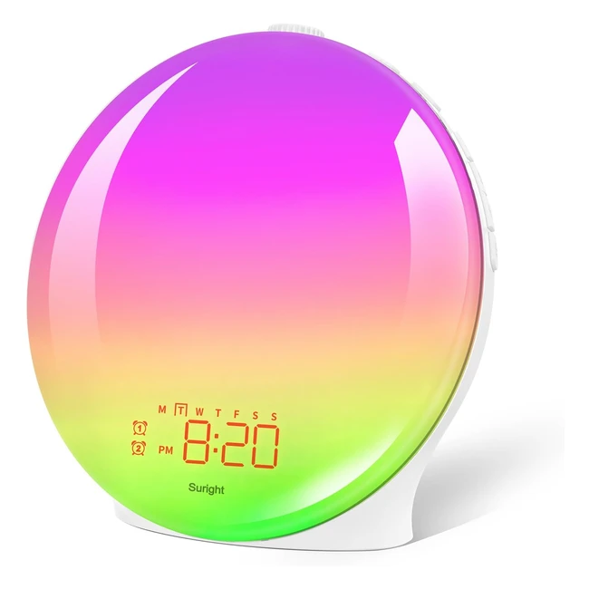 Réveil Sunrise Lumière d'éveil pour enfants avec simulation lever/coucher du soleil, double alarme, fonction snooze, radio FM, 19 couleurs, 15 sons naturels - Idéal comme cadeau