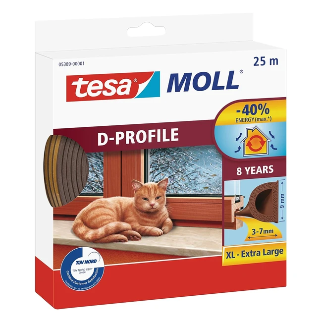 tesa 053890000100 - Moll D-Profile Paraspifferi per Porte e Finestre - Marrone - 25m x 9mm
