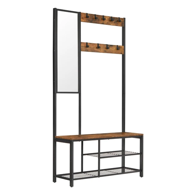 VASAGLE Garderobenständer mit Spiegel, Schuhbank und Ablagen - Platzsparende Flurgarderobe für Flur, Schlafzimmer und Wohnzimmer - Vintagebraun/Schwarz