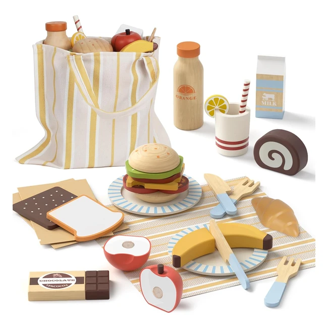 Lehoo Castle Cocinita Infantil - Juguete de Picnic de Madera - Cocina Juguete con Postre de Frutas Cortadas - Montessori 2-4 Años