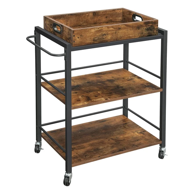 VASAGLE Servierwagen Küchenwagen, abnehmbares Tablett, verstellbare Fächer, Rollen, Industriedesign, Vintagebraun/Schwarz