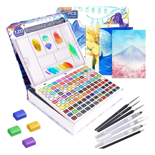 Set de 120 aquarelles avec palette - Couleurs vives, fluorescentes, métalliques