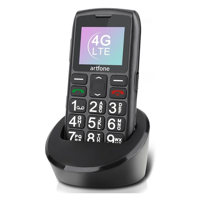 Artfone Telefono Cellulare per Anziani con Tasti Grandi LTE - Funzione SOS - Batteria da 1400mAh - Base di Ricarica - 4G Senior Nero