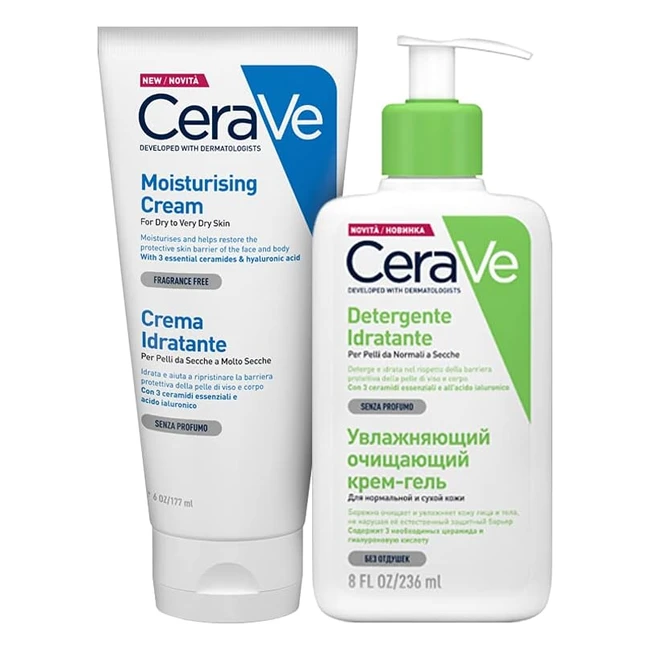 Kit skincare CeraVe per pelle secca - Crema idratante viso e corpo 177ml + Detergente viso 236ml