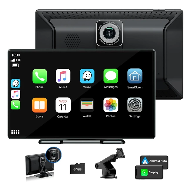 Wireless Apple Carplay Android Auto 9 Inch Portable Car Radio with Dash Cam