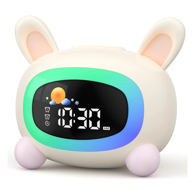 Réveil éducatif enfant Liorque, lapin adorable, deux alarmes, veilleuse, sons apaisants, rechargeable, blanc