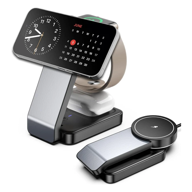 Chargeur induction iPhone magnétique 3 en 1 Apple Magsafe 15 14 13 Pro Max - Chargeur sans fil iWatch 9 Ultra 8 - Chargeur Airpods Pro 32 avec lumière