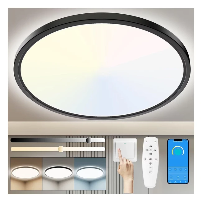 Plafonnier LED Dimmable 24W 3200lm - Luminaire Plafonnier avec Télécommande - Moderne - IP54 - Salle de Bain Chambre Salon Cuisine Couloir - 30cm Noir