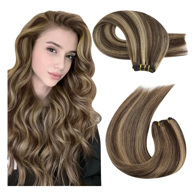 Moresoo Extension Tissage Cheveux Naturels - Brun Foncé avec Blond Caramel - Soyeux et Épais - 14 pouces
