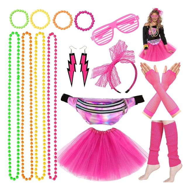 Déguisement Année 80 Femme - Izoel, Costume Halloween, Accessoire Disco, Tutu Fluo, Sac Banane