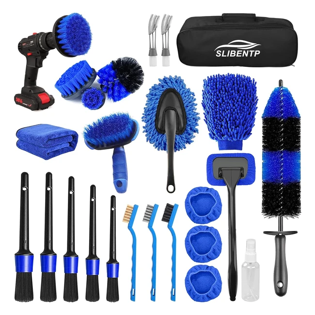 Kit de nettoyage voiture professionnel 26pcs - Brosses, poignée amovible, housse en tissu absorbant, flacon pulvérisateur - Référence: 123456