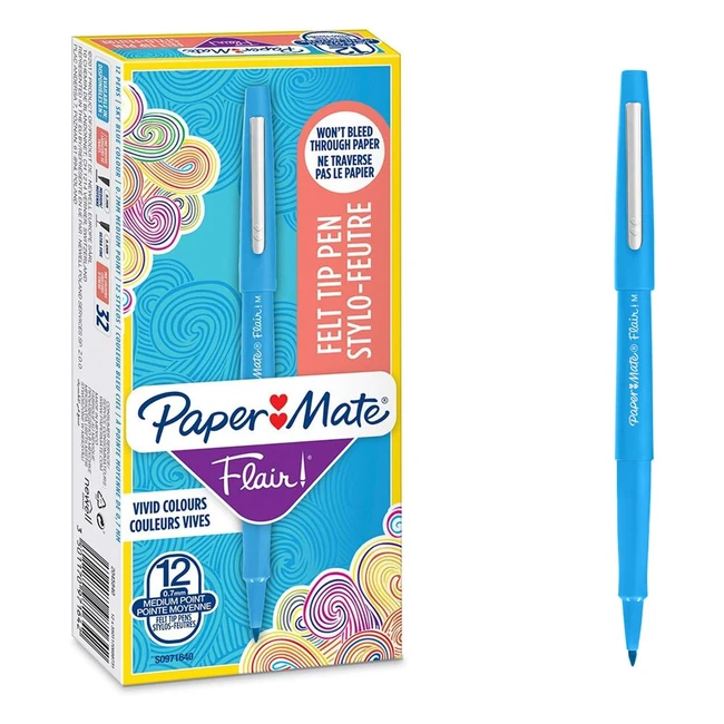 Feutres de coloriage Papermate Flair, pointe moyenne 07mm, encre bleu ciel, bote de 12