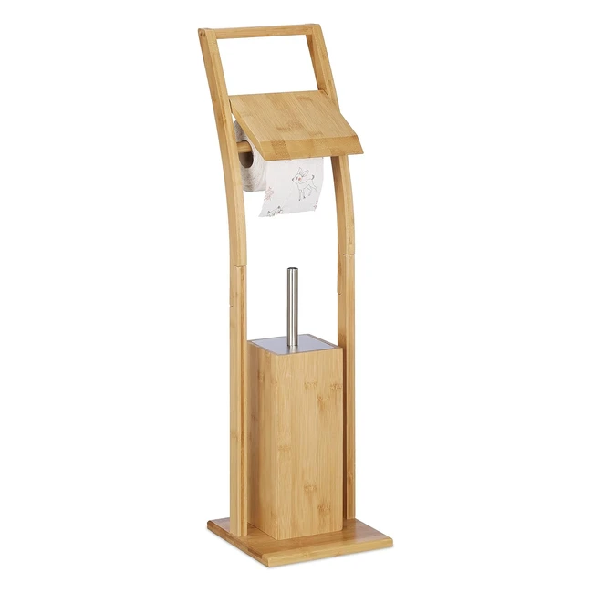 Escobillero Portarrollos de Pie Relaxdays - Bambú y Acero Inoxidable - Set de Baño 74x20x20cm
