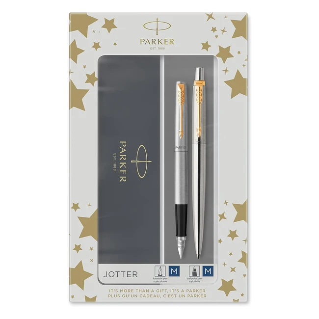 Parker Jotter Duo Gift Set - Ballpoint Pen & Fountain Pen - Stainless Steel with Gold Trim - Blue Ink - Refill Cartridges - Gift Box