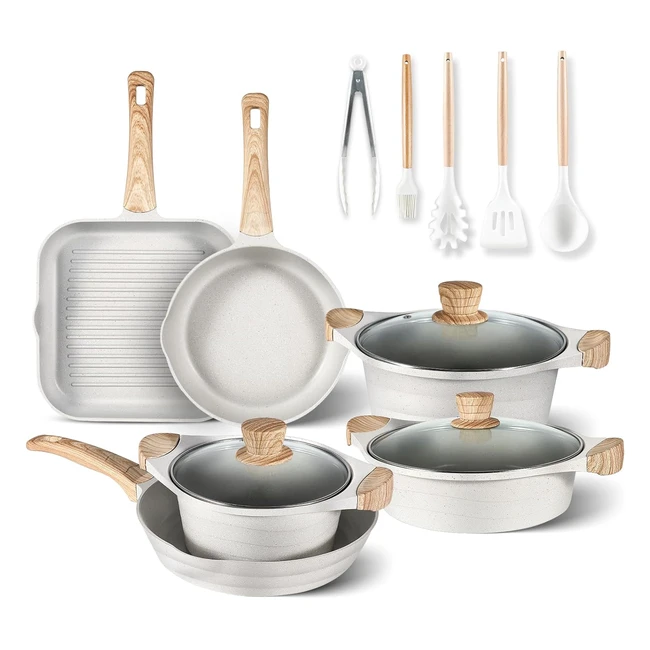 Juego de Sartenes Antiadherentes 14 Piezas - Inducción - Grill - Utensilios Cocina - Beige