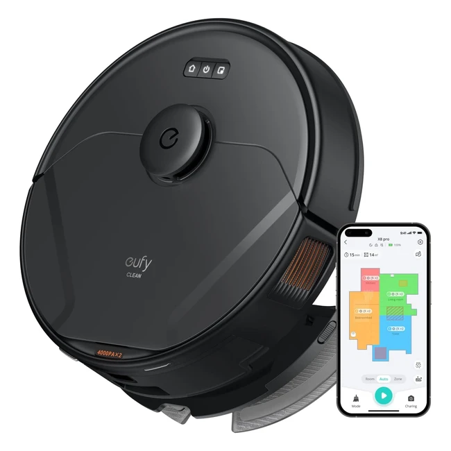 Aspirateur Robot Eufy Clean X8 Pro - Aspiration Puissante 4 000 Pa - Brosse Active Démêlante - Navigation Laser iPath