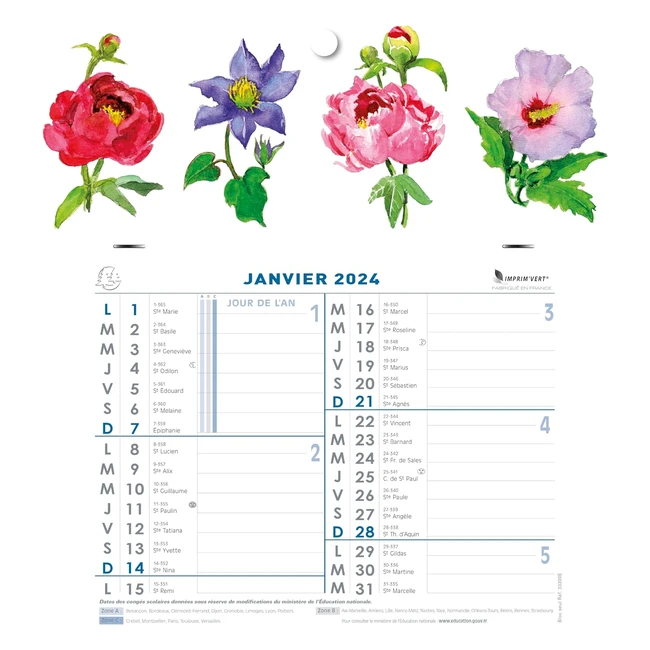 Calendrier mensuel Exacompta 33315E - Fleurs - 275 x 305 cm - Janvier à Décembre 2024