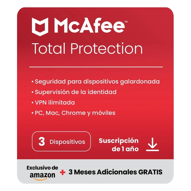 McAfee Total Protection 2023 - Exclusivo en Amazon - 3 Dispositivos - 12 Meses - Antivirus y VPN
