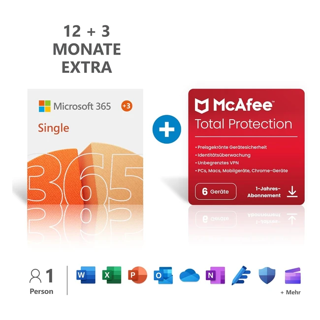 Microsoft 365 Single 123 Monatsabonnement 1 Benutzer - Mehrere PCs/Macs, Tablets und Mobilgeräte - Download-Code - McAfee Total Protection 2022 - 6 Geräte - 12 Monate Abonnement - Download-Code