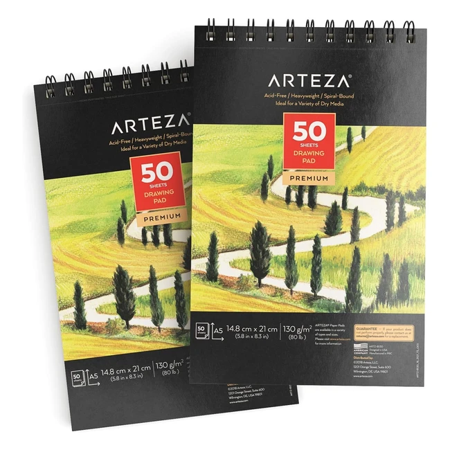 Arteza Drawing Pad A5 2 Pack - Spiral Bound Artist Sketch Books - 50 Sheets Each - Acid Free Paper