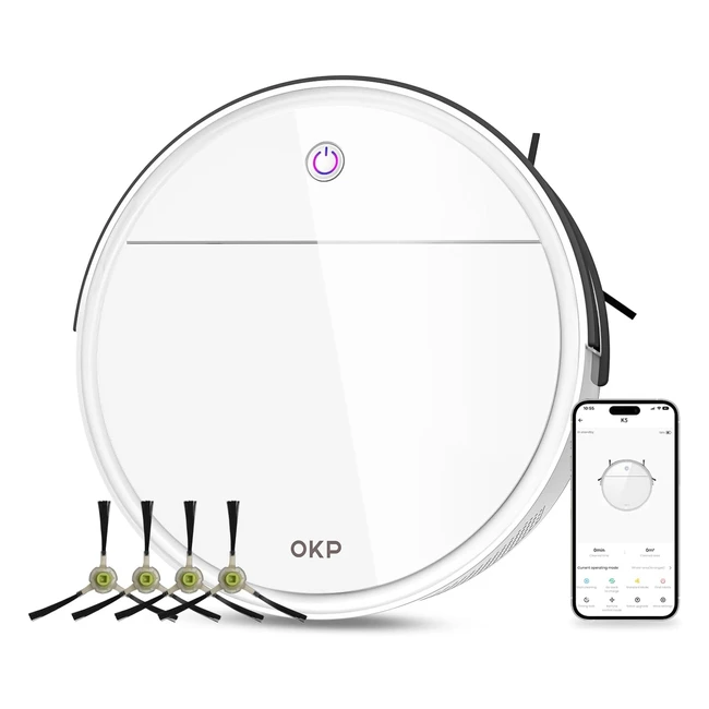Aspirateur Robot WiFiAppAlexa OKP K5 - Compact et Silencieux - Chargement Automatique - Pour Poils d'Animaux, Tapis, Sols Durs - Blanc