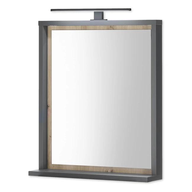 Schöner Badezimmerspiegel mit Graphitbeleuchtung, Eichenholzoptik, praktischer Badezimmerspiegel mit Regal, 60 x 70 x 15 cm