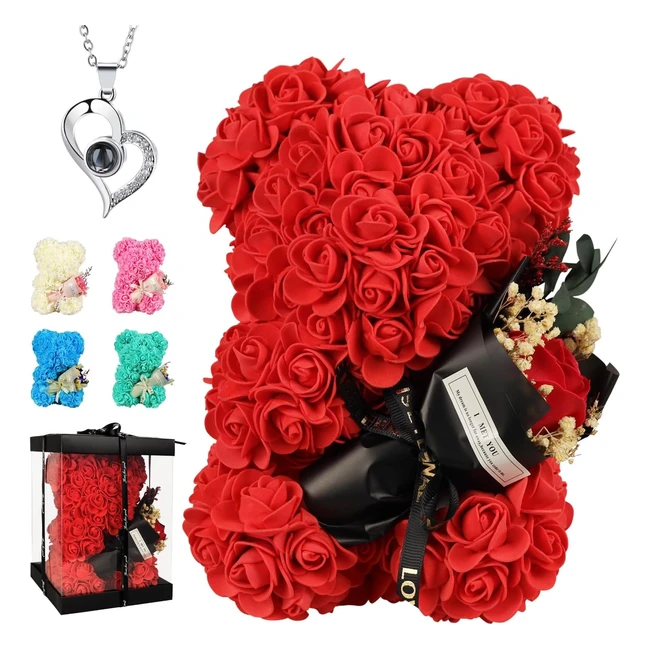 Ourson en rose avec collier bouquet de roses - Cadeau Saint-Valentin