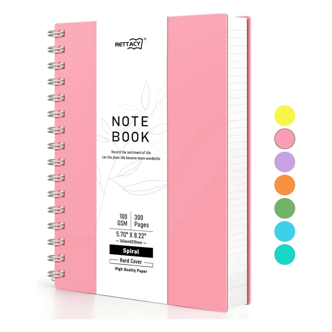 Rettacy A5 Notebook - Spiral Wirebound, 300 Pages, 150 Sheets - PVC Hardcover, College Ruled - Pink