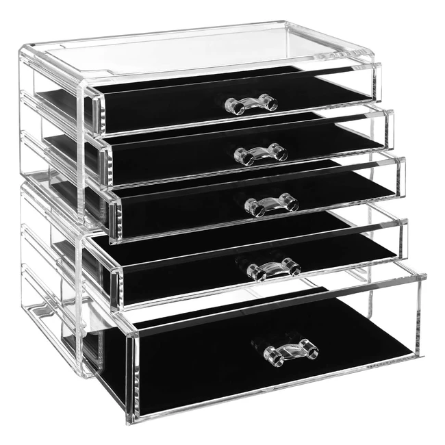 Songmics Makeup Organiser 2-Piece Storage Boxes - Stackable with 5 Drawers - Tra