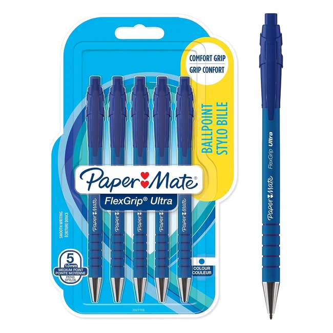 Stylo Bille Rétractable Paper Mate Flexgrip Ultra - Lot de 5 - Encre Bleue - Pointe Moyenne 1.0mm