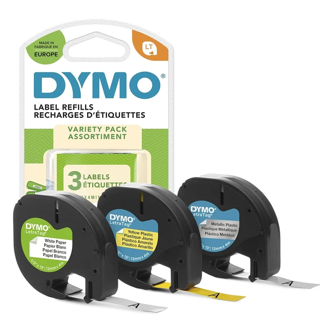 Dymo LetraTag Labels Starter Pack - 3 Rolls - Paper, Plastic, Metallic - 12mm x 4m - Self-Adhesive