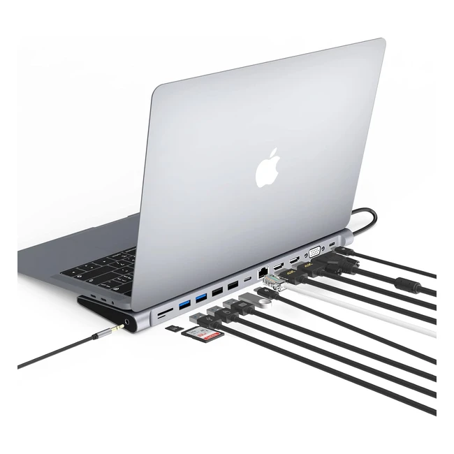 Station d'accueil pour ordinateur portable 13 en 1 Ayclif avec triple affichage, ports USB-C, HDMI 4K, VGA, Ethernet Gigabit, lecteur de carte SD/TF