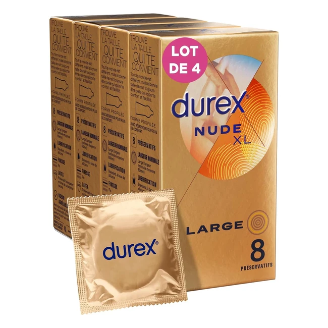 Durex Nude XL - Prservatifs homme fins et extra larges - Lot de 4 x 8 pices