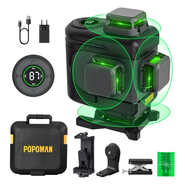 Niveau Laser Popoman 4x360 - Laser Vert 16 Lignes - Autonivelant - LED - Batterie 5200mAh - Charge Type-C - D8 Ultra Max