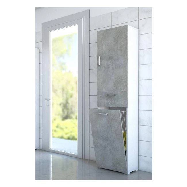 Armoire Polyvalente Escolzia - Armoire à Linge Linéaire - 2 Portes - CM 45x32H195 - Béton et Blanc