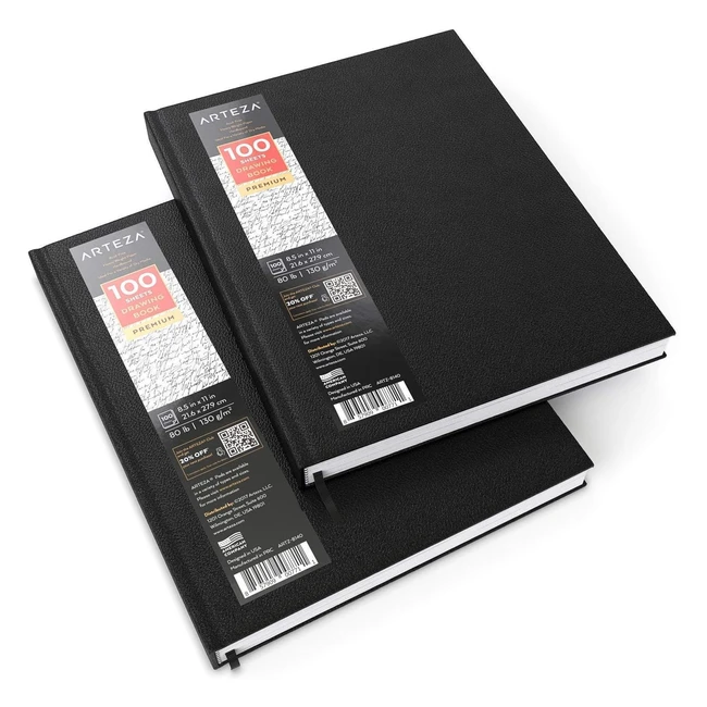 Arteza Sketchbook Pack of 2 - 216x279 cm - 100 Sheets Each - 130gsm - Ideal for Drawing, Sketching, and Journaling