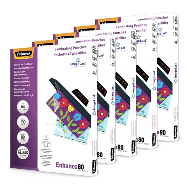 Fellowes A4 Laminating Pouches - Gloss Finish - 500 Sheets - High Quality - Imag