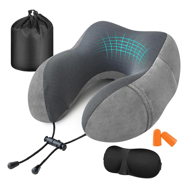 Almohada de Viaje Jiancrate para Cuello - Espuma de Memoria - Incluye Máscara de Ojos, Tapones y Bolsa - Ref. 123456