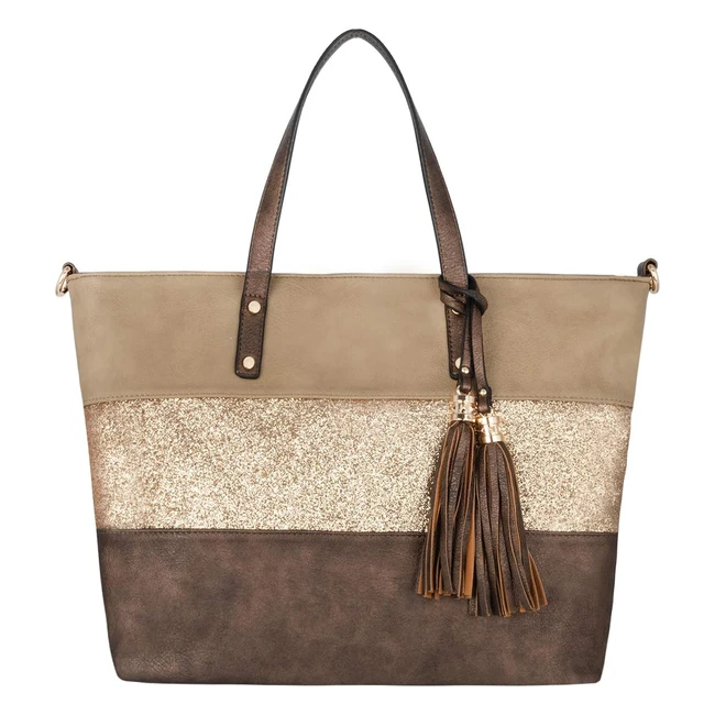 Sac à main paillette CrazyChic - Cabas fourre-tout en cuir PU souple - Grande capacité - Marron