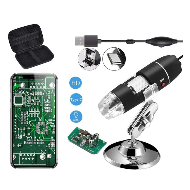 Jiusion 401000x USB Digital Microscope - Portable, High Magnification, 8 LEDs, Metal Base